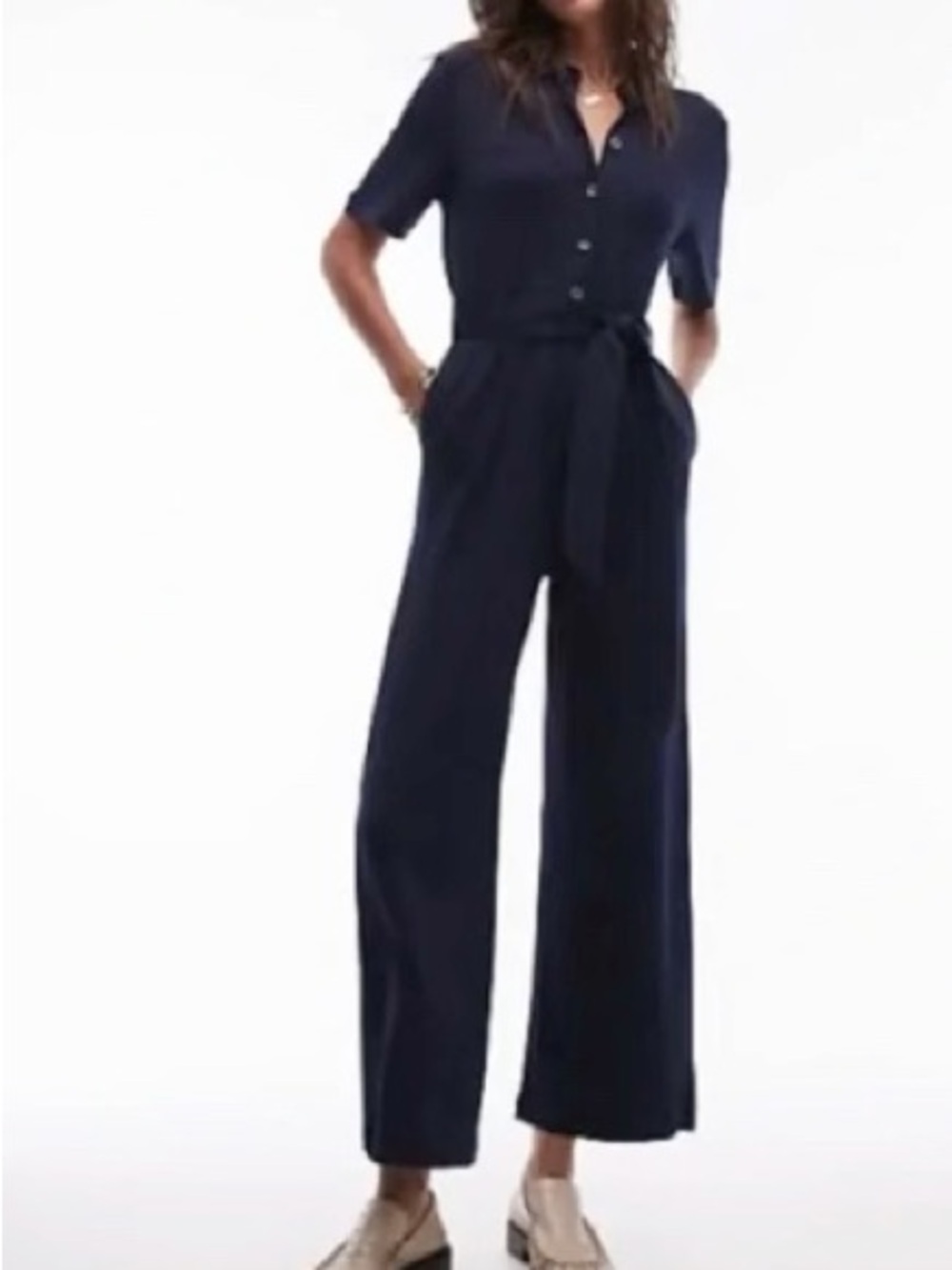 & Other Stories Navy Button-Front Wide-Leg Jumpsuit with Tie Waist